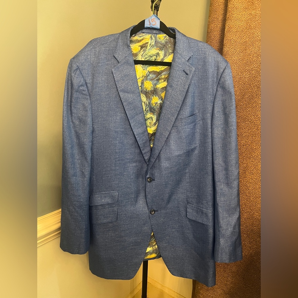 R2 Navy Blue Two-Button Sport Coat with Patterned Lining silk